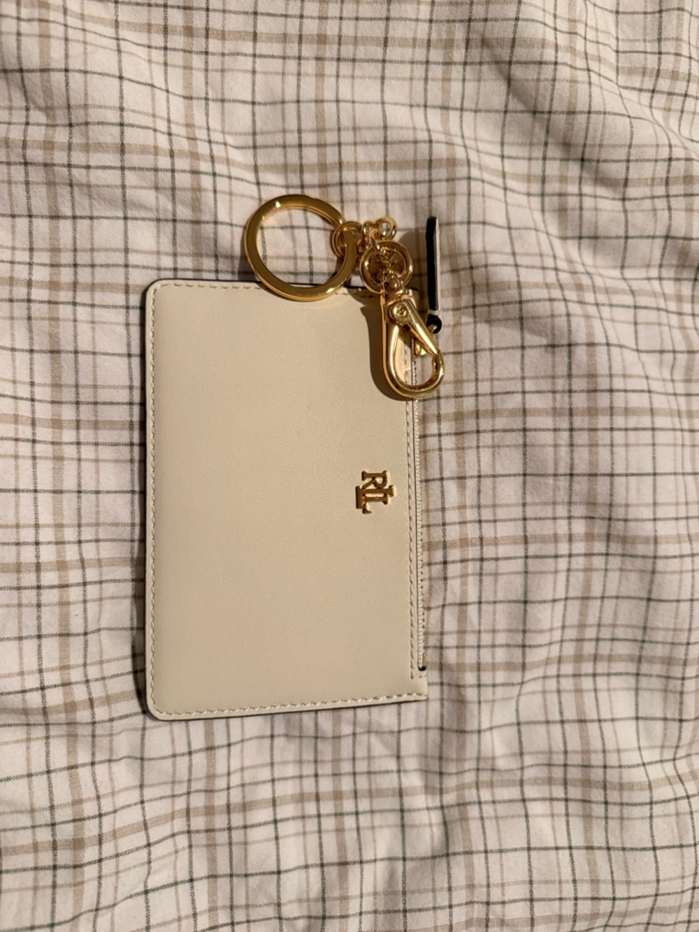 Ralph Lauren Cream Leather Card Holder Keychain with Gold Hardware